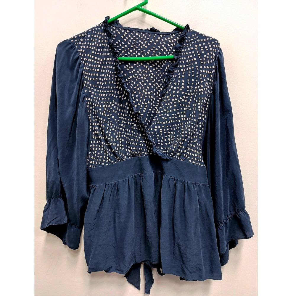 VTG Y2K BCBGMaxAzria Silk Babydoll Top Womens Medium Blue Polka Dot Ruffle BOHO